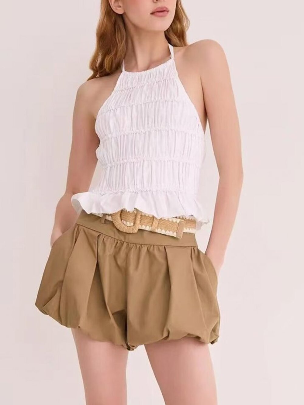 Cara Cara NYC Ray Short Bubble-Gathered 0/6 Khaki Beige